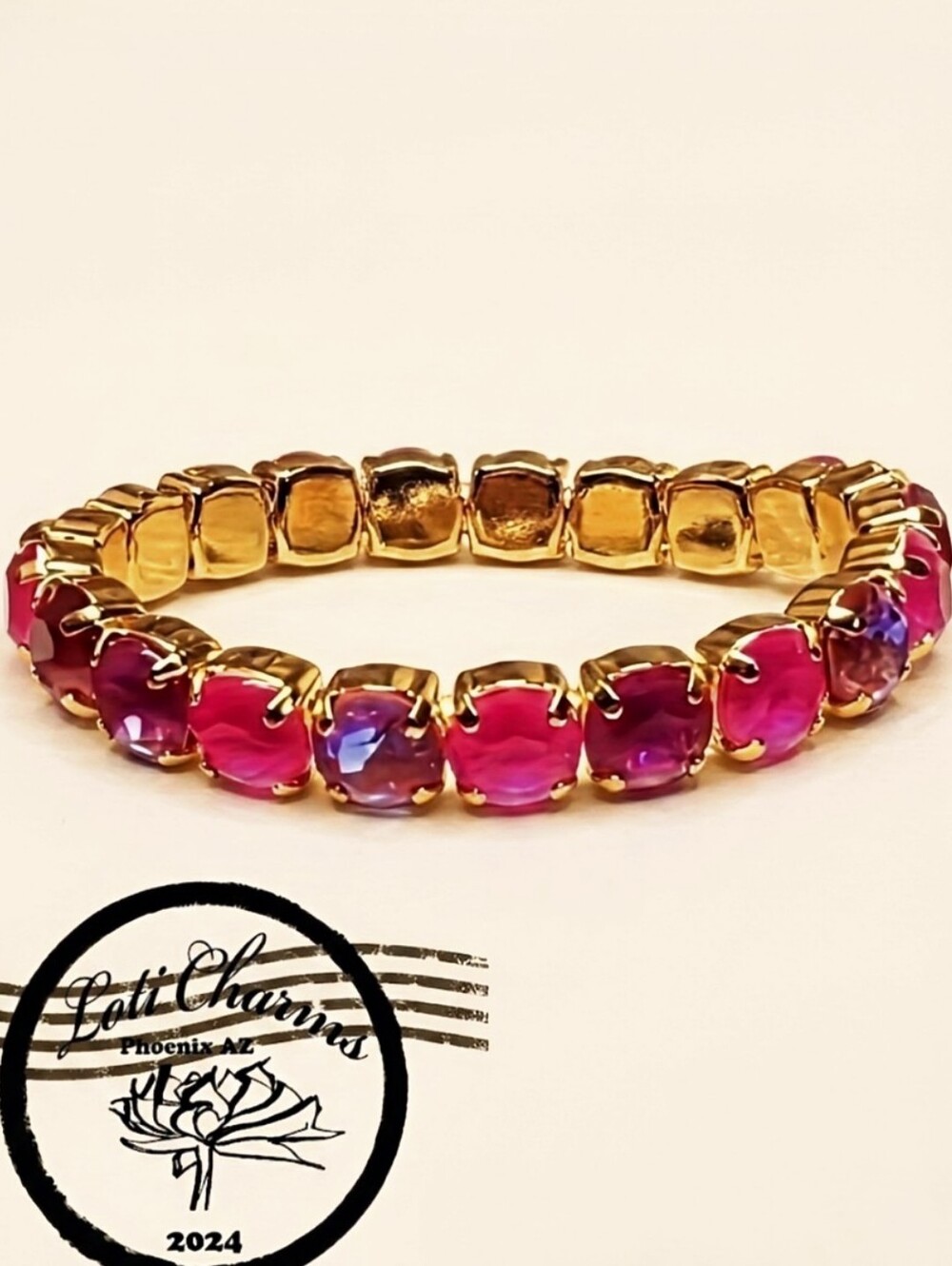 Neon Hot Fuchsia Stardust Crystal In 14K Gold Plated Stretchy Bracelet